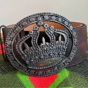 Olsen Wide Dark Brown Leather Belt with Aged Metal Crown Buckle